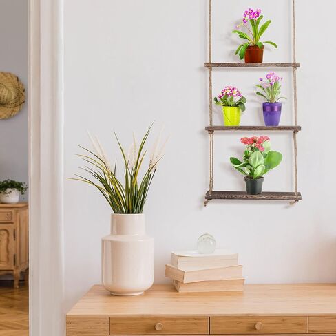 Nuanchu 2 Pieces Decorative Wall Hanging Shelves Window Shelf for Plants 3 Tier Distressed Rustic Home Decor Wood Rope Shelf Floating Indoor Wall Swing Hanging Plant Shelves for Living Room Bathroom in Saudi Arabia