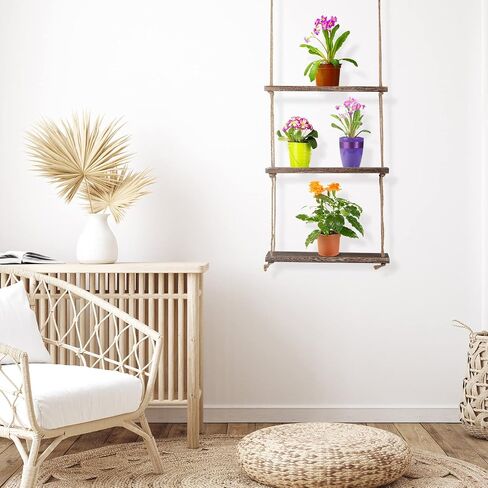 Nuanchu 2 Pieces Decorative Wall Hanging Shelves Window Shelf for Plants 3 Tier Distressed Rustic Home Decor Wood Rope Shelf Floating Indoor Wall Swing Hanging Plant Shelves for Living Room Bathroom in Saudi Arabia
