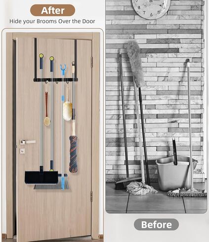 حامل مكنسة فوق الباب قطعتين - ممسحة من الفولاذ المقاوم للصدأ 304 وشماعة مكنسة مثبتة على الحائط أو معلقة على الباب بخطافات - منظم أدوات لديكور المطبخ وخزانة المرآب in Kuwait