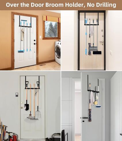 حامل مكنسة فوق الباب قطعتين - ممسحة من الفولاذ المقاوم للصدأ 304 وشماعة مكنسة مثبتة على الحائط أو معلقة على الباب بخطافات - منظم أدوات لديكور المطبخ وخزانة المرآب in Kuwait