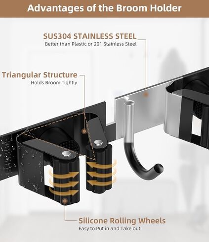 حامل مكنسة فوق الباب قطعتين - ممسحة من الفولاذ المقاوم للصدأ 304 وشماعة مكنسة مثبتة على الحائط أو معلقة على الباب بخطافات - منظم أدوات لديكور المطبخ وخزانة المرآب in Kuwait