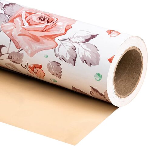 ورق تغليف قابل للعكس من WRAPAHOLIC - لفة صغيرة - 17 بوصة × 33 قدم - تصميم زهور باللون الوردي الخوخي لعيد الميلاد، وعيد الأم، والزفاف، وحفلات استقبال المولود الجديد in Kuwait