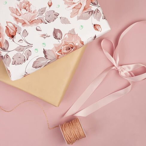 ورق تغليف قابل للعكس من WRAPAHOLIC - لفة صغيرة - 17 بوصة × 33 قدم - تصميم زهور باللون الوردي الخوخي لعيد الميلاد، وعيد الأم، والزفاف، وحفلات استقبال المولود الجديد in Kuwait