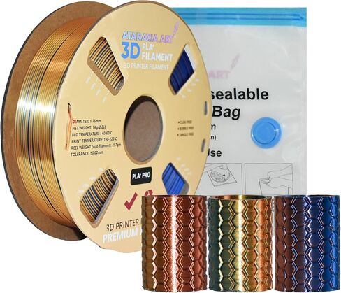 ATARAXIA ART Silk PLA Filament 1.75mm Tricolor Shiny 3D Printer Filament,Dimensional Accuracy +/-.03mm 1Kg/2.2lb Spool Fits Most FDM 3D Printers, with Filament Storge Bags, Silk PLA Gold Copper Blue in Saudi Arabia