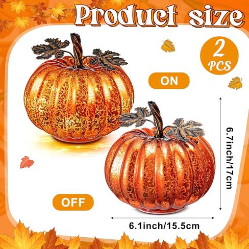 قطعتان من ضوء اليقطين الزجاجي للهالوين تضيء زجاج اليقطين والبرتقال الزئبقي الزجاجي مع مؤقت LED يعمل بالبطارية على شكل قرع مضاء لتزيين طاولات المنزل والمطبخ in Kuwait