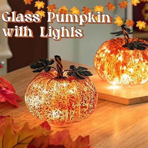 قطعتان من ضوء اليقطين الزجاجي للهالوين تضيء زجاج اليقطين والبرتقال الزئبقي الزجاجي مع مؤقت LED يعمل بالبطارية على شكل قرع مضاء لتزيين طاولات المنزل والمطبخ in Kuwait