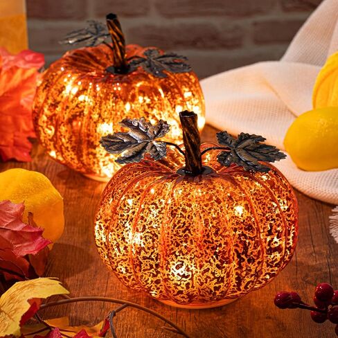 قطعتان من ضوء اليقطين الزجاجي للهالوين تضيء زجاج اليقطين والبرتقال الزئبقي الزجاجي مع مؤقت LED يعمل بالبطارية على شكل قرع مضاء لتزيين طاولات المنزل والمطبخ in Kuwait