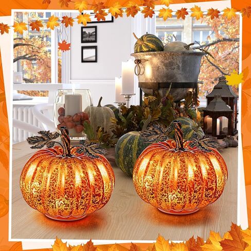 قطعتان من ضوء اليقطين الزجاجي للهالوين تضيء زجاج اليقطين والبرتقال الزئبقي الزجاجي مع مؤقت LED يعمل بالبطارية على شكل قرع مضاء لتزيين طاولات المنزل والمطبخ in Kuwait