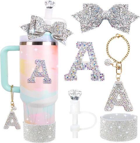Water Bottle Accessories Set for Stanley Cup 30Oz, Letter Charms, Diamond Straw Cover, Glitter Silicone Boot Sticker, Bow Straw Topper in Kuwait