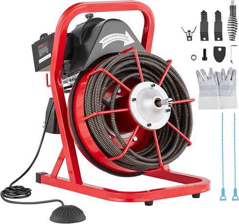 VEVOR Drain Cleaner Machine 75FT x 1/2 Inch, Sewer Snake Auger Manual Feed, 370W Electric Drain Cleaning Machine with 4 Cutters & Air-activated Foot Switch for 2" to 4" Pipes in Saudi Arabia