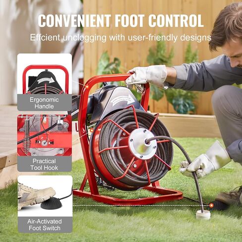 VEVOR Drain Cleaner Machine 75FT x 1/2 Inch, Sewer Snake Auger Manual Feed, 370W Electric Drain Cleaning Machine with 4 Cutters & Air-activated Foot Switch for 2" to 4" Pipes in Saudi Arabia