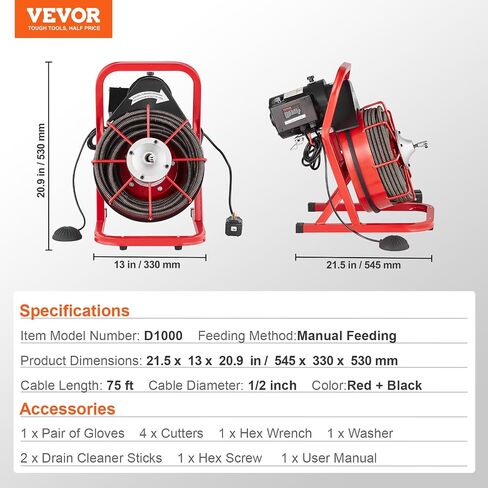 VEVOR Drain Cleaner Machine 75FT x 1/2 Inch, Sewer Snake Auger Manual Feed, 370W Electric Drain Cleaning Machine with 4 Cutters & Air-activated Foot Switch for 2" to 4" Pipes in Saudi Arabia