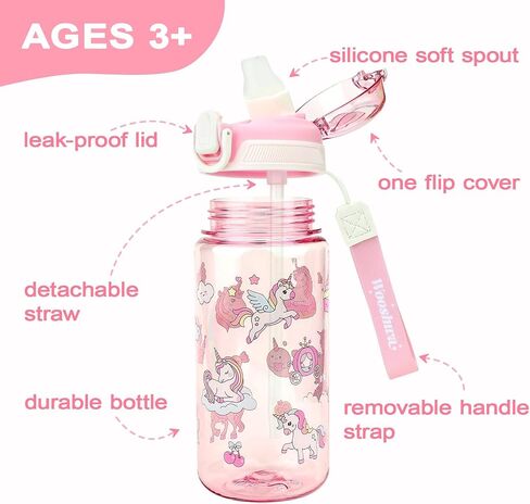 Kids Water Bottle for School or Travel, 20 Oz Durable Plastic Water Bottle with Silicone Straw and Pop-Up Spout Cover, BPA Free & Dishwasher Safe(Unicorn) in Saudi Arabia