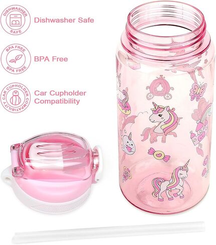 Kids Water Bottle for School or Travel, 20 Oz Durable Plastic Water Bottle with Silicone Straw and Pop-Up Spout Cover, BPA Free & Dishwasher Safe(Unicorn) in Saudi Arabia
