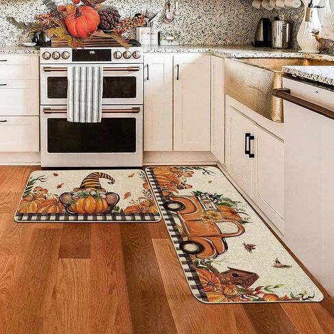 Baccessor Gnome Fall Kitchen Mats Set of 2, Gnome Pumpkins Truck Kitchen Rugs Autumn Sunflower Farmhouse Kitchen Floor Mats Non Slip Absorbent Thanksgiving Fall Decor 17x29 and 17x47 Inch in Saudi Arabia