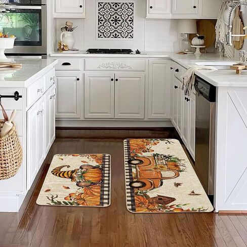 Baccessor Gnome Fall Kitchen Mats Set of 2, Gnome Pumpkins Truck Kitchen Rugs Autumn Sunflower Farmhouse Kitchen Floor Mats Non Slip Absorbent Thanksgiving Fall Decor 17x29 and 17x47 Inch in Saudi Arabia