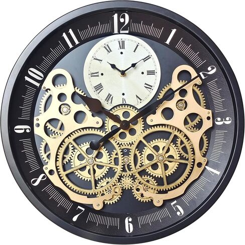 18 inch Original Industrial Wall Clock, Non-Ticking Vintage Real Moving Gear Battery Operated Steampunk Decor Metal Clock for Living Room, Farmhouse, Home Kitchen (Gold-Black, 18 Inch) in Saudi Arabia