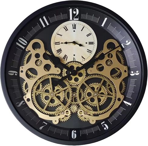 18 inch Original Industrial Wall Clock, Non-Ticking Vintage Real Moving Gear Battery Operated Steampunk Decor Metal Clock for Living Room, Farmhouse, Home Kitchen (Gold-Black, 18 Inch) in Saudi Arabia