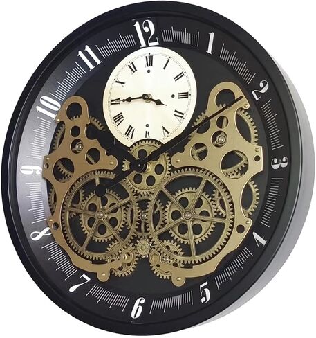 18 inch Original Industrial Wall Clock, Non-Ticking Vintage Real Moving Gear Battery Operated Steampunk Decor Metal Clock for Living Room, Farmhouse, Home Kitchen (Gold-Black, 18 Inch) in Saudi Arabia