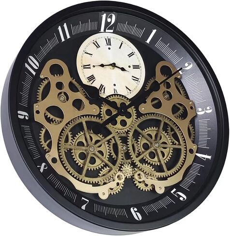 18 inch Original Industrial Wall Clock, Non-Ticking Vintage Real Moving Gear Battery Operated Steampunk Decor Metal Clock for Living Room, Farmhouse, Home Kitchen (Gold-Black, 18 Inch) in Saudi Arabia