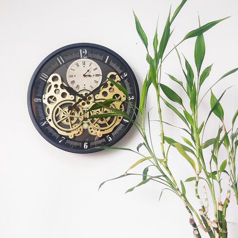 18 inch Original Industrial Wall Clock, Non-Ticking Vintage Real Moving Gear Battery Operated Steampunk Decor Metal Clock for Living Room, Farmhouse, Home Kitchen (Gold-Black, 18 Inch) in Saudi Arabia