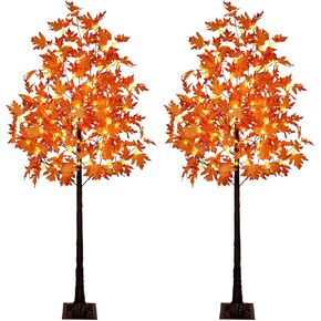 Set of 2 6FT 120LED Artificial Lighted Maple Tree Warm White Fall Decorations Indoor Ourdoor, Orange