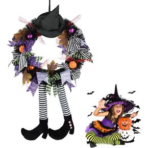 Halloween Wreath,24 Inch Halloween Witch Wreath Black Wreath with Hat Witches Legs Pumpkin,for Front Door,Porch,Window, Indoor Outdoor Home Halloween Decor