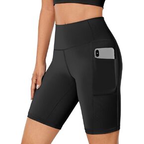 Womens Biker Shorts with Pockets 8" Inch High Waisted Compression Workout Stretchy Shorts for Summer Yoga Tummy Control Gym Running Athletic Soft Leggings Knee Length Bike Short Black