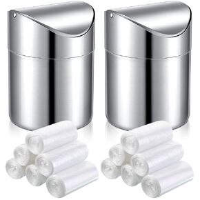 2 Pcs Desk Trash Can with Swing Lids with 12 Rolls of Trash Bags, 2L Brushed Stainless Steel Countertop Garbage Bin Small Wastebasket with Lid for Office Desk, Coffee Table (Silver)