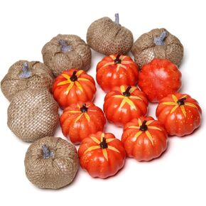 MELIUS 14Pcs Mini Pumpkins, 6Pcs Burlap Pumpkins & 8Pcs Orange Pumpkins for Fall Home Holiday Vase Filler Bowl Decor (OrangeBurlap-14Pcs) in Saudi Arabia