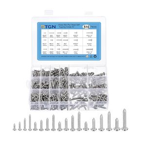 304 Stainless Steel Wood Screws Assortment Kit, Phillips Pan Head Sheet Metal Screws Self Tapping Screws Set,Washed Silver(Size:#4x3/8-#12x1-1/2-510pcs)