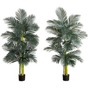 Nearly Natural 6-FT Artificial Golden Cane Palm Tree Set of 2 Fake Palm Trees with Three Realistic Trunks and 21 Lifelike Palm Fronds, Faux Palm Plants for Indoor Home Décor with Black Nursery Planter