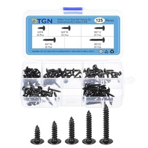 Sheet Metal Screws Assortment Kit - 125Pack - for Wood, Furniture - 5 Sizes Carbon Steel M3 Phillips Truss Head Self Tapping Tip Wood Screws - Black