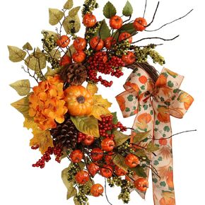 22IN Artifical Fall Mini Pumpkins Berries Wreath for Front Door for Autumn Thanksgiving Harvest Farmhouse Home Outdoor Indoor Window Wall