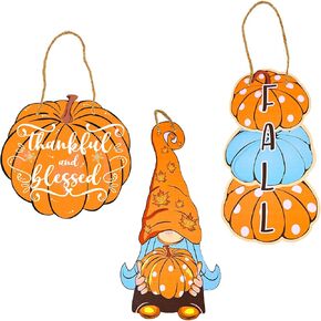 PAMBO Fall Wood Door Hanging Decorations, Thankful & Blessed Thanksgiving Pumpkin Hanging Signs for Wreath Office Fall Farmhouse Door Outdoor Double Sided Printing - Set of 3