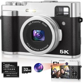 5K Digital Camera for Photography, 48MP Autofocus Vlogging Camera with Viewfinder & Dual Camera, 16X Digital Zoom Point and Shoot Cameras with 32GB SD Card 2 Batteries Compact Travel Camera