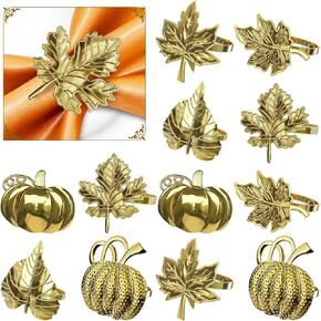 Fall Napkin Rings Set of 12, Fall Thanksgiving Napkin Rings Maple Leaf Pumpkin Napkin Rings Holders for Family Party Wedding Harvest Autumn Holiday Dinner Table Decorations
