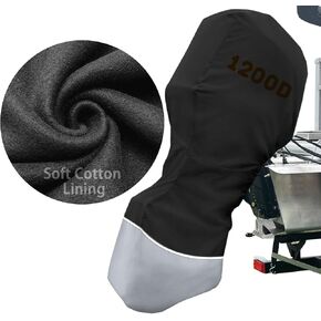 Full Outboard Motor Cover, 1200D Waterproof Boat Motor Cover with Lining Cotton Outboard Engine Cover Fits 60-100 HP Outboard Engine, Heavy Duty Boat Engine Cover, Silver Black
