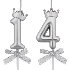 14 Birthday Candles, 14th Cake Candles, Silver Happy Birthday Number 14 Candles Cake Topper Decorations for Party Kids Boys Girls