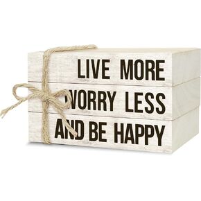 Decorative Books for Home Decor, Wood Book Stack for Table Decor, Live More Worry Less and Be Happy Decor Books for Living Room Bookshelf Office Coffee Bar, Farmhouse Stacked Books Decor (L12)
