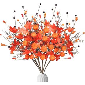 TORONTOKYO 6PCS Artificial Fall Berry Stems, 27.5" Red Maple Leaves Branches with Pumpkins Berries Autumn Berry Picks Fall Floral Arrangement for Harvest Thanksgiving Kitchen Table Centerpiece Decor