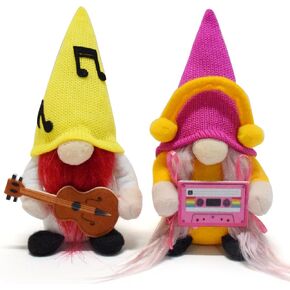 2 Pcs Rock Roll Gnome Guitar Cassette Tape Disc Gnomes Plush Ornaments Handmade Swedish Tomte Doll Music Mr & Mrs Gonk Small Figurine Home Decorations