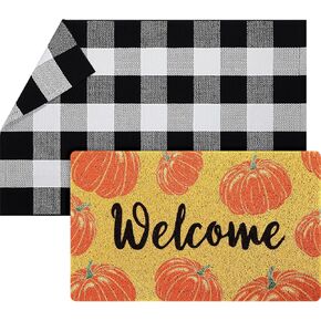 Geelin 2 Pcs Pumpkin Fall Doormat Front Door Mat Welcome Mat Indoor Fall Door Mat Outdoor Non Slip Black White Buffalo Checkered Rug Door Entrance Mat for Indoor Outdoor