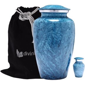 Blue Marble Finish Cremation Urn Set - Blue Urn - Affordable Handcrafted Adult Funeral Urn for Ashes - Large Urn with Free Keepsake Deal