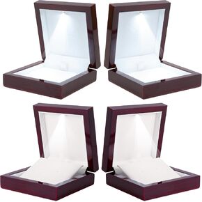 4 Pcs Wooden Jewelry Necklace Gift Box with LED Light, 4 x 4 x 1.5 Inches Bundle (2 Color White Interior + 2 Color Cream Interior)