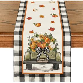 Artoid Mode Buffalo Plaid Truck Pumpkin Fall Table Runner, Seasonal Autumn Floral Kitchen Dining Table Decoration for Home Party Decor 13x72 Inch