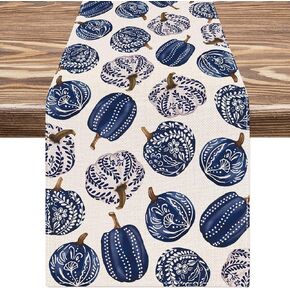 AnyDesign Fall Table Runner Porcelain Pumpkin Kitchen Dining Table Decoration Chinoiserie Table Cover for Indoor Outdoor Party Table Decor, 13 x 72 Inch, Blue, White, AD4082