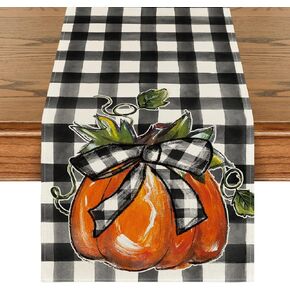 Artoid Mode Buffalo Plaid Pumpkin Bowknot Fall Table Runner, Seasonal Autumn Harvest Holiday Kitchen Dining Table Decor for Home Party 13x72 Inch