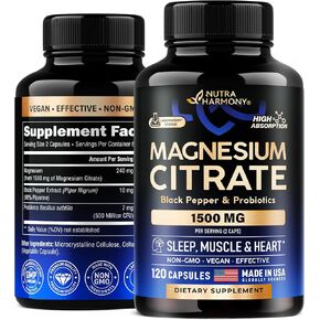 Magnesium Citrate Capsules 1000mg | 100% DV | High Absorption Supplement - Sleep, Muscle & Heart Support - Vegan | Non-GMO - Made in USA - As Powder | Pills | Tablets - 120 Capsules, 2 Month Supply