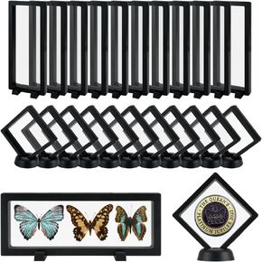 24Pcs 3D Floating Display Case, Transparent Film Jewely Storage Box, Black Challenge Coin Display Holder Stand for Antique Challenge Coins Medals Jewelry Shells Gems Minerals Rocks Specimen Pins